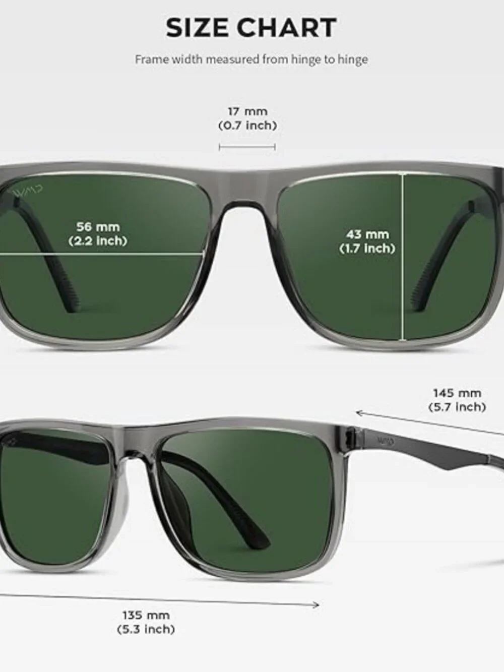 Crystal Grey Flat Top Square Polarized Sunglasses Men Smoke Green Lens